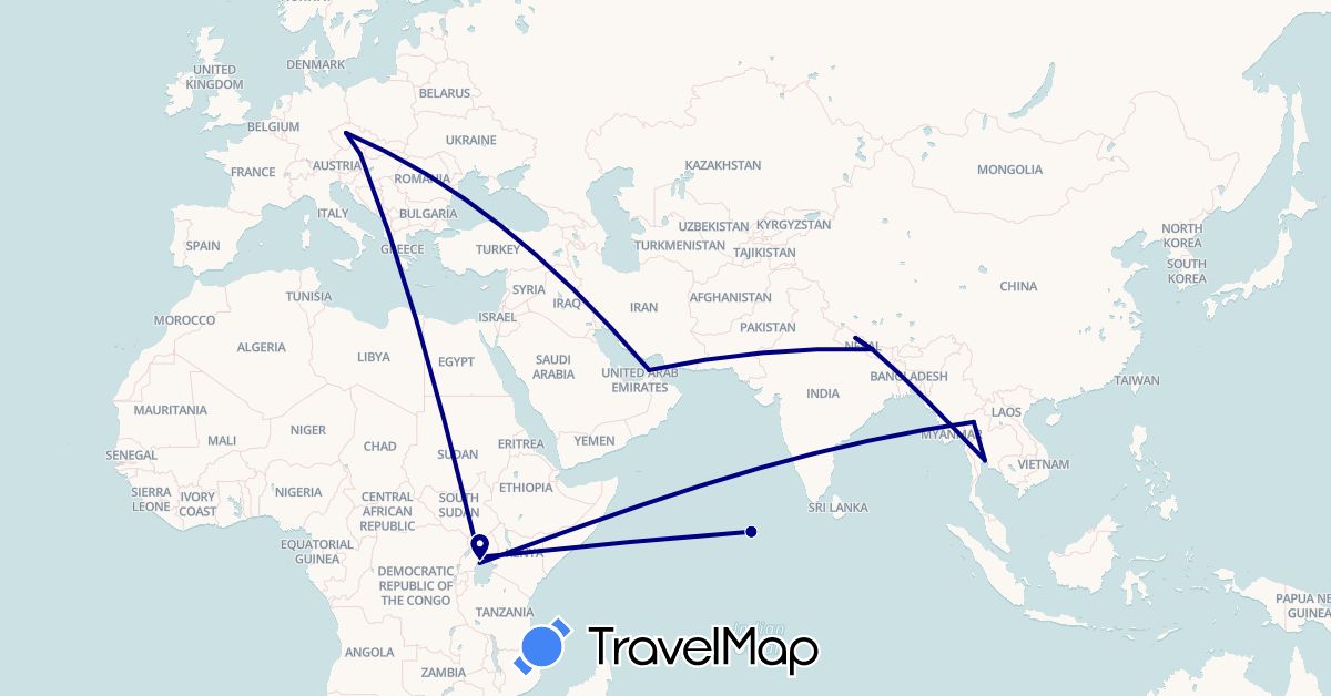 TravelMap itinerary: driving in United Arab Emirates, Austria, Czech Republic, Nepal, Thailand, Uganda (Africa, Asia, Europe)